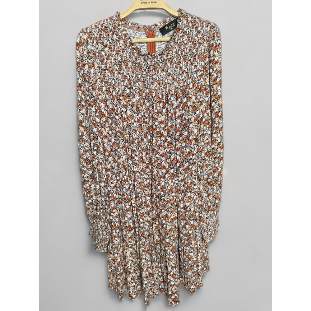 Meritt Floral Smocked Long Sleeve Mini Dress Rust Black‎ Size M